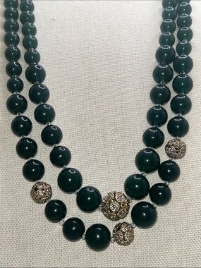 Talbots Vintage Green Beaded Necklace with Silver Rhinestone Accent Beads